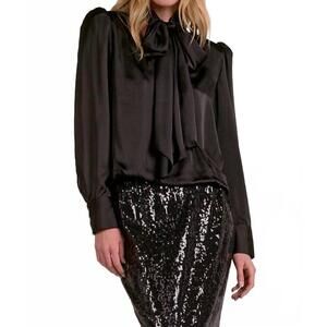 NEW ELAN tie neck long sleeve top in black